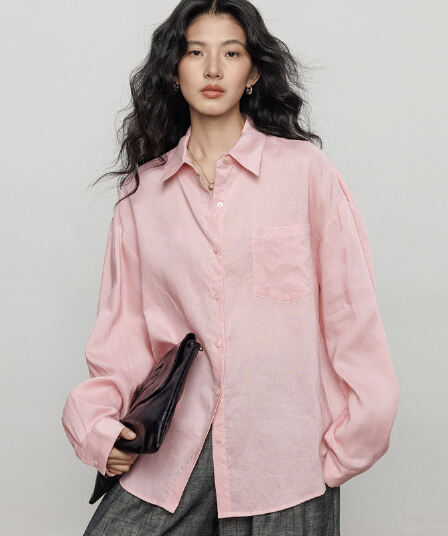 가을 100 라미 긴팔 여성 셔츠 느긋한 오래된 돈 바람 휴가 태양 보호 셔츠 맨위