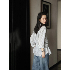 批发悠然日常 韩系气质抽绳收腰显瘦条纹衬衫女早秋
