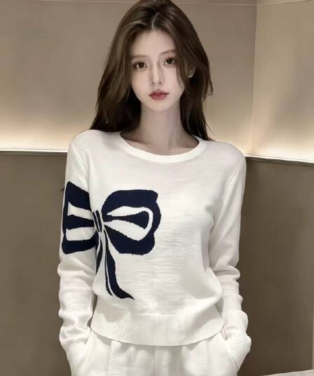 나비 매듭 자카드 라운드 넥 긴팔 티셔츠 여성 얇은 스타일 몸매 가꾸기 니트 스웨터 2026 새로운 조기 가을 쇼트 스타일 맨위