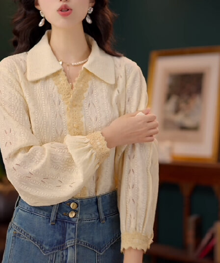 프랑스식 POLO 칼라 긴팔 여성 셔츠 봄 가을 2026 가을 새로운 레트로 홀로우 아웃 폴로 칼라 셔츠 루즈핏 맨위