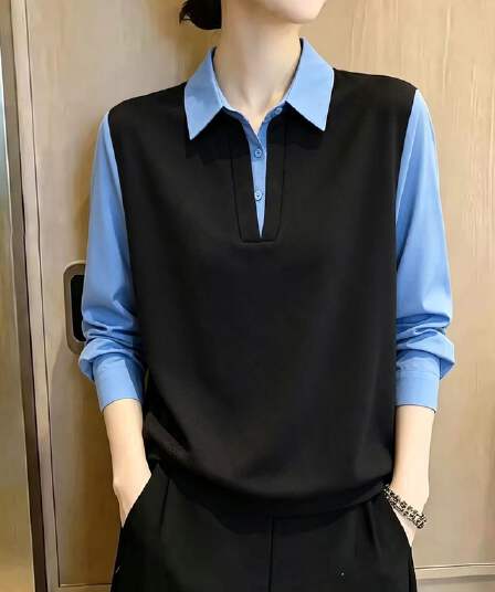 검정색 POLO 칼라 패치워크 페이크 레이어드 셔츠 긴팔 여성 2026 가을 새로운 작은 대중 연령 감소 풀오버 레트로 맨위
