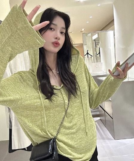한 부서 버터 과일 녹색 후드 긴팔 니트 스웨터 여성 루즈핏 후드티 맨위 조기 가을 분위기 센스