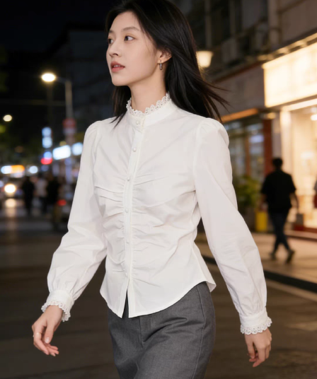 프랑스식 고유 한 슈퍼 잘 생긴 셔츠 여자 2026 새로운 스탠드 칼라 레이스 레이스 허리 수축 디자인 센스 화이트 셔츠
