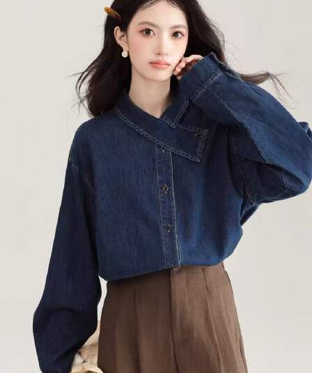 레트로 학원 항구 바람 노스탤지어 센스 데님 여성 셔츠 2026 봄 가을 새로운 고급 디자인 맨위