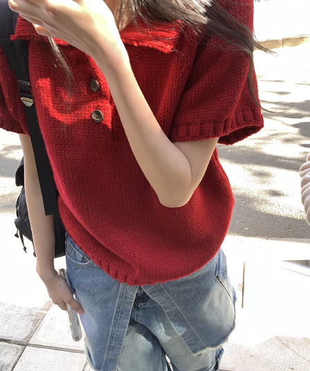 달콤한 도움말 밝은 자동차 PCT 어린이 빨간색 베이비 칼라 두꺼운 바늘 반팔 스웨터 여자 품격 작은 폴로 칼라 두꺼운 스타일 니트 스웨터