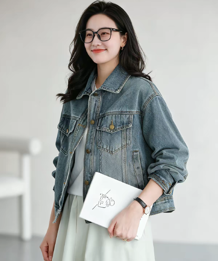 쇼트 스타일 데님 여성 코트 폴로 칼라 캐주얼 다용도 루즈핏 슬림해 보이는 가을 새로운 한국 스타일 긴팔 맨위
