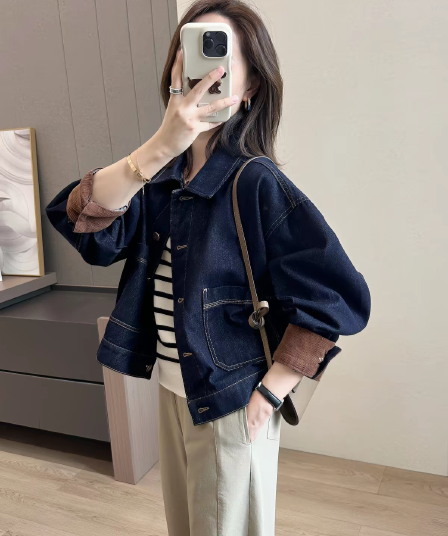 품격 진한 파란색 카우보이 의류 레트로 싸움 브라운 코듀로이 작은 프로필 모양 슬림해 보이는 짧은 외투