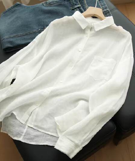 프랑스식 화이트 아마 오래된 돈 바람 여성 셔츠 여름 캐주얼 고급 느슨함 센스 면 린넨 셔츠 긴팔 자외선 차단 맨위