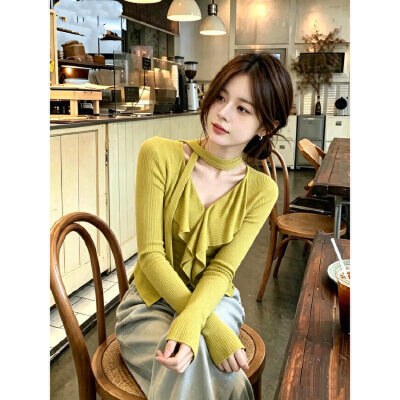 프랑스식 프릴 황색 V넥 리본 긴팔 니트 스웨터 티셔츠 여성 가을 디자인 센스 불규칙 몸매 가꾸기 맨위
