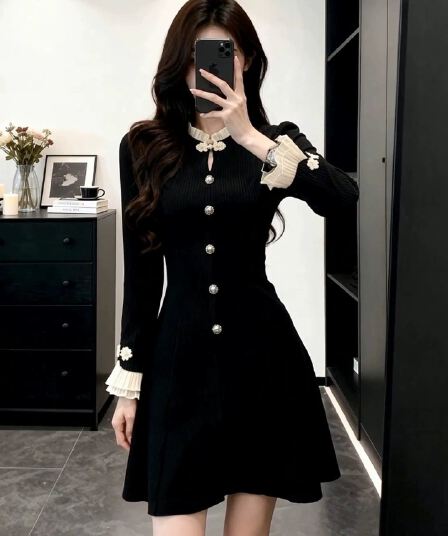 프랑스식 품격 검정색 작은 샤넬 스타일 드레스 여성 봄 가을 허리 수축 슬림해 보이는 고급 센스 치마