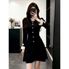 批发法式气质黑色小香风连衣裙女士<b class='q'>春</b>秋季收腰显瘦高级感裙子
