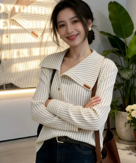 불규칙 폴로 칼라 스트라이프 여성 셔츠 디자인 센스 긴팔 셔츠 2026 새로운 봄 가을 고급 센스 품격 맨위