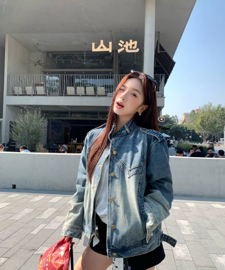 pphome 레트로 오토바이 바람 파란색 워싱 폴로 칼라 데님 여성 코트 봄 캐주얼 루즈핏 재킷 맨위