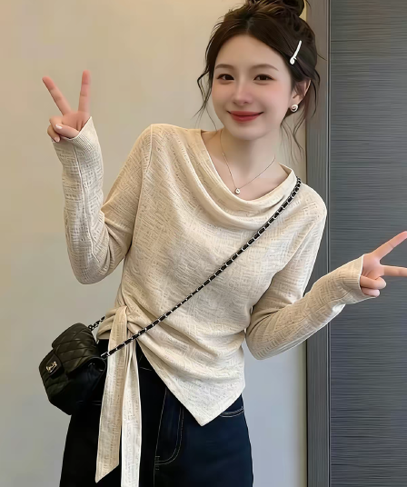 프랑스식 흔들다 칼라 긴팔 스트랩 허리 수축 슬림해 보이는 품격 티셔츠 가을 불규칙 밑단 연령 감소 단색 맨위 여성