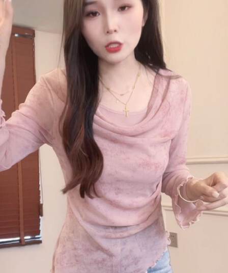 이른 가을 흔들다 칼라 망사 긴팔 티셔츠 여성 홀치기 염색 헤일로 염색 프릴 몸매 가꾸기 슬림해 보이는 불규칙 기본 셔츠 맨위