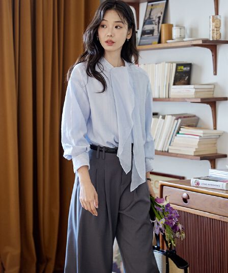 파란색 리본 가을 어깨 스트라이프 긴팔 주간 실크 여성 셔츠 가을 프랑스식 레트로 품격 맨위