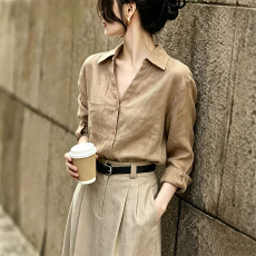 批发高端简约苎麻衬衫女士长袖春秋新款<b class='q'>棉麻</b>咖色衬衣高级感老钱风<b class='q'>上衣</b>