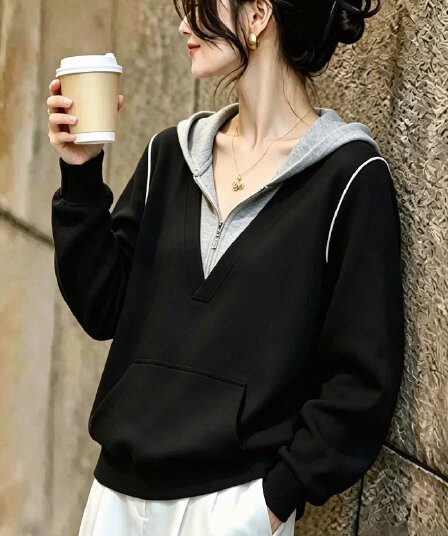 검정색 고급 센스 페이크 레이어드 배색 후드 티 스웨터 여성 2026 가을 새로운 품격 다용도 슬림해 보이는 맨위 트렌디