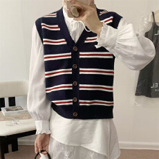 批发韩系复古条纹坎肩软糯针织显瘦日常通勤百搭叠穿毛衣<b class='q'>马甲</b>上衣女