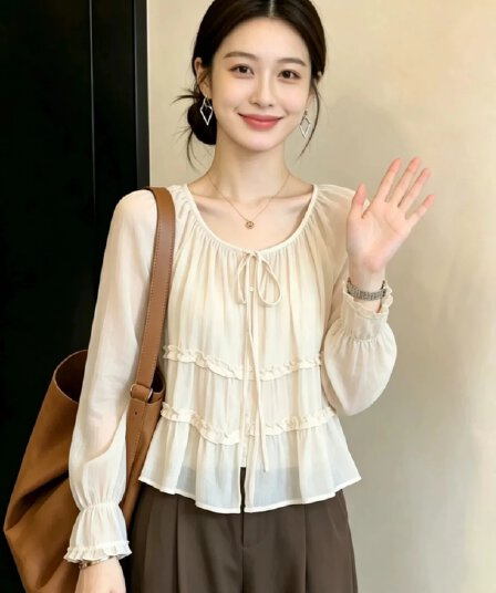 여름 디자인 센스 여성 패치워크 프릴 Chic 매우 요정 ~ 중 셔츠 맨위 작은 셔츠