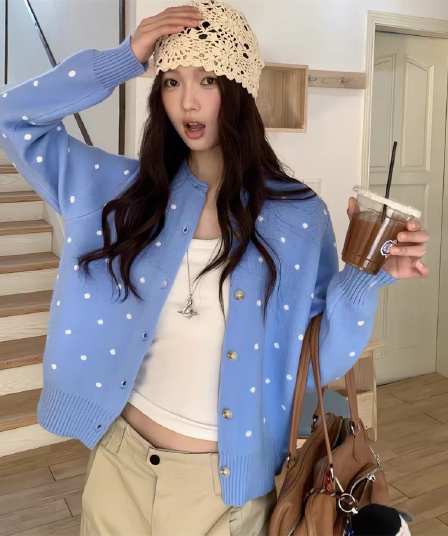 레트로 도트 무늬 자카드 스웨터 니트 오픈 가디건 여성 재킷 봄 가을 느긋한 미니멀리즘 다용도 슬림해 보이는 맨위