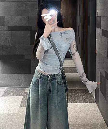 프랑스식 디자인 센스 오프숄더 나비 망사 태양 보호 셔츠 여성 여름 얇은 스타일 섹시함 핫걸 오프숄더 티셔츠 맨위