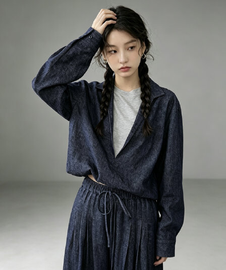 리넨 면화 데님 세트 페이크 레이어드 재킷 넓은 다리 길이 바지