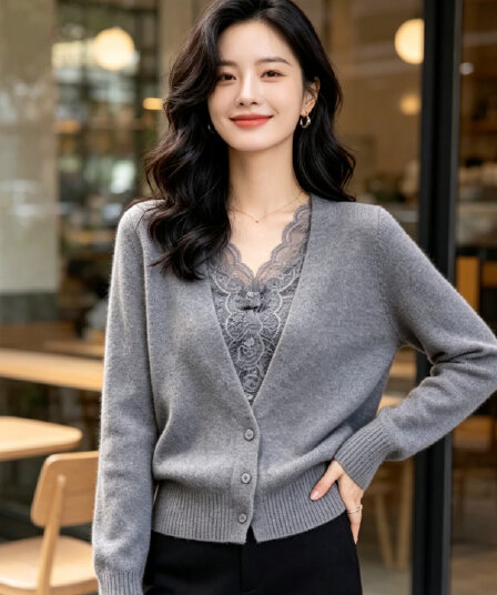 가을 겨울 프랑스식 레이스 조각 V넥 니트 오픈 가디건 여성 출퇴근 바람 슬림해 보이는 품격 고급 다용도 맨위 재킷