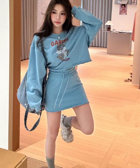 huihui 이른 가을 새로운 만화 패턴 쇼트 스타일 후드티 여성 한 부서 외국 가스 세트