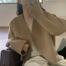 批发韩国chic极简主义法式复古气质V领百搭宽松无扣毛呢短外套女