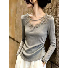 批发网纱拼接<b class='q'>t</b><b class='q'>恤</b>女秋独特漂亮巨好看正肩修身长袖上衣打底衫