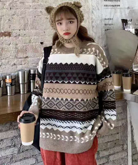라운드 넥 풀오버 스웨터 여자 가을 겨울 새로운 한국 스타일 루즈핏 외출용 레트로 홍콩 느낌 긴팔 재킷 ins 트렌디