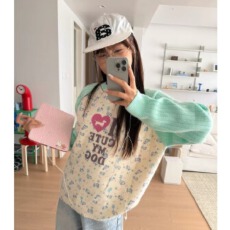 批发CGGA美式趣味印花拼色长袖针织毛衣男女春秋宽松休闲百搭套头毛衫