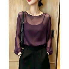 批发紫色圆领长袖<b class='q'>t</b><b class='q'>恤</b>女2026早秋<b class='q'>新款</b>高级感洋气减龄薄款微透防晒上衣