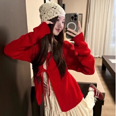 批发韩系红色针织开衫女早秋2026<b class='q'>新款</b>设计感小众系带毛衣外套宽松<b class='q'>上衣</b>