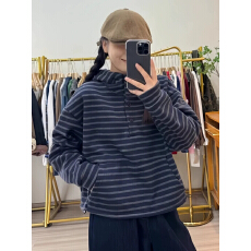 批发韩系设计连帽拼色条纹<b class='q'>套头卫衣</b>2025秋季新款胖MM遮肉显瘦洋气上衣