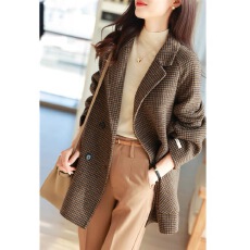 批发新款纯手工中长款双面呢<b class='q'>外套</b>小个子西装领毛呢宽松格子大衣<b class='q'>女</b>