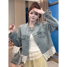 批发小香风复古蕾丝拼接牛仔外套女士2026新款秋季设计感小众开衫上衣