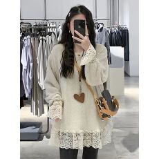 批发蕾丝花边拼接毛毛绒打底衫女秋冬胖妹妹宽松显瘦时尚T恤上衣