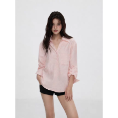 批发绝美温柔粉色半开领<b class='q'>亚麻</b>衬衫女夏休闲气质老钱风棉麻衬衣防晒上衣