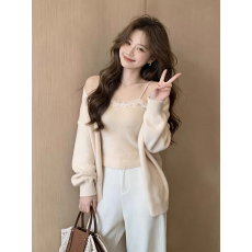 批发小香风套装女春秋<b class='q'>大码</b>显瘦高级感针织开衫毛衣吊带背心两件套