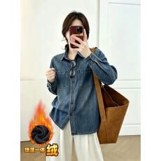 批发一体绒保暖牛仔衬衫女士2026新款秋<b class='q'>冬</b>季叠穿打底加绒加厚衬衣上衣