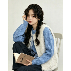 批发蓝格拼接加棉毛毛<b class='q'>马甲</b>女冬羊羔穿保暖外套潮