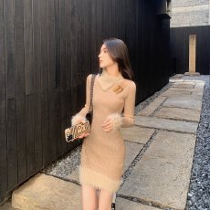 批发韩国气质名媛港式小香风针织拼接毛领连衣裙小个子高级感包臀短裙