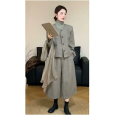 韩系轻熟高知早秋季穿搭一整套2026新款灰色长袖衬衫女阔腿裤套装