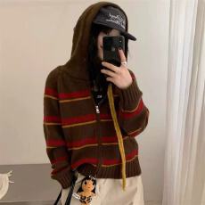 批发复古提花条纹连帽针织开衫女高级感宽松长袖软糯百搭拉链毛衣外套