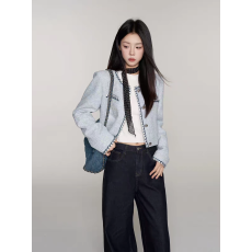 批发一颗小野莓蓝色小香风<b class='q'>外套</b>女秋装2026新款法式高级感<b class='q'>气质</b>短款上衣