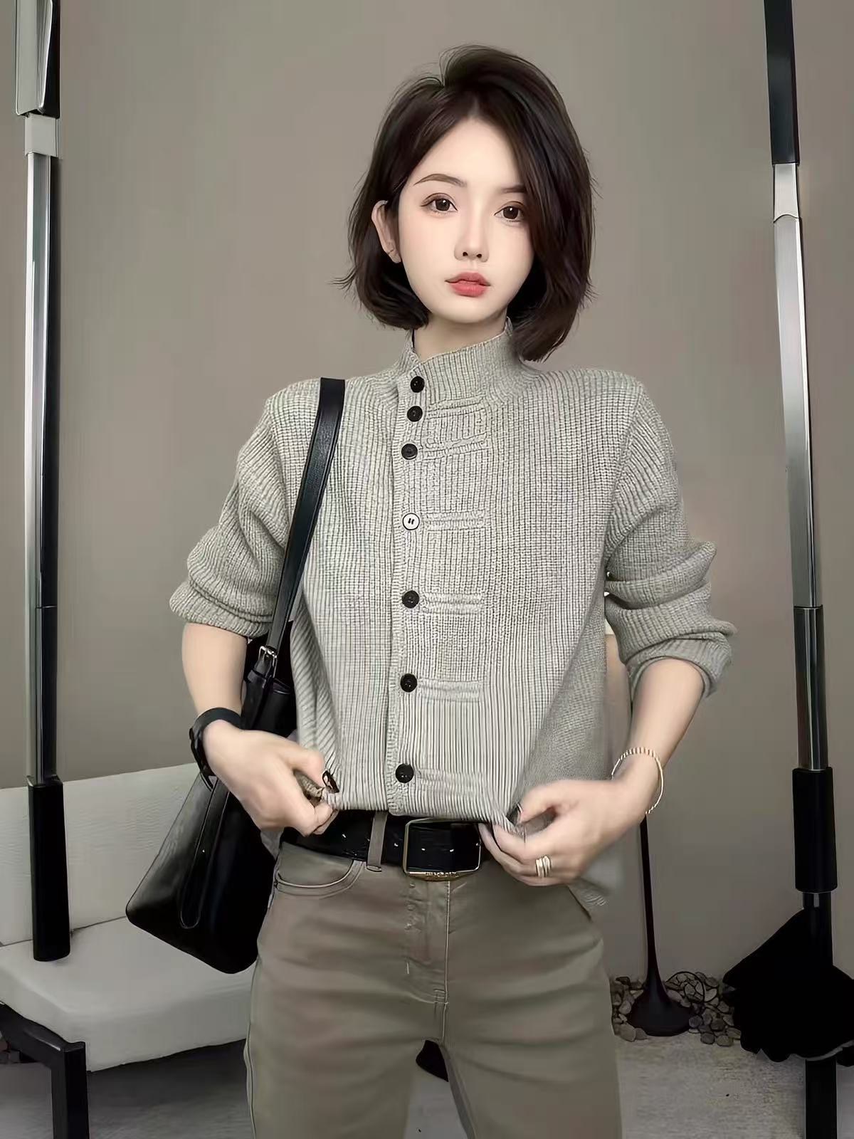 BY36860# 新款立领单排扣针织开衫女秋冬慵懒宽松百搭显瘦毛衣外套上衣  服裝批發女裝批發服飾貨源