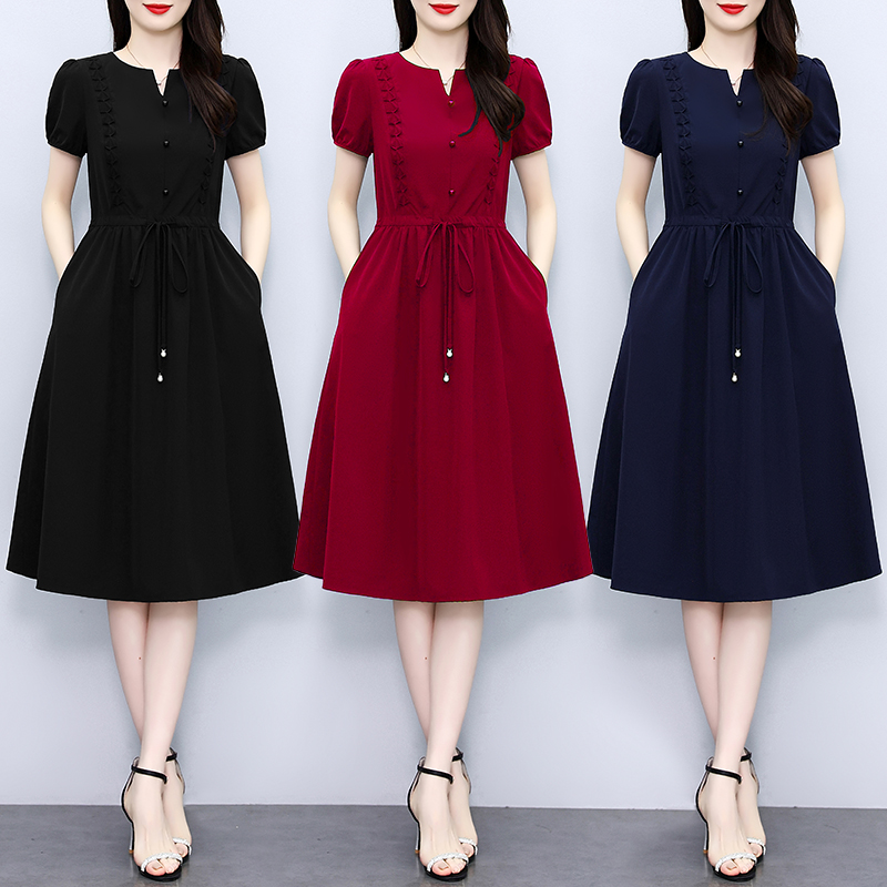 MY8025# 夏季新款气质显瘦遮肚中长款V领大码短袖连衣裙女裝貨源服裝批發