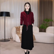 批发<b class='q'>高档</b>帛莱软精纺加厚假两件拼接<b class='q'>连衣裙</b>2025秋冬新款显瘦遮肚子礼服